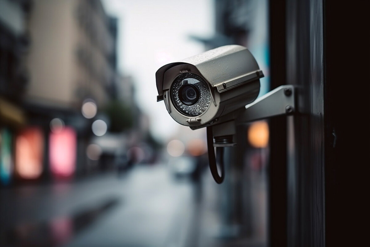 Eine Überwachungskamera in einer menschenleeren Einkaufsstraße